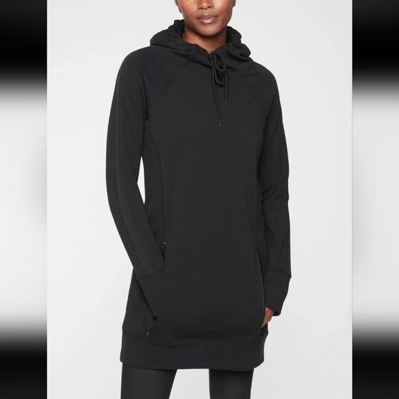 Athleta Dresses & Skirts - Athleta Victory Sweatshirt Hoodie Dress Black Pockets Athleisure Size Small